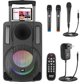 نظام مكبر صوت PA محمول مقاس 10 بوصات من Pyle - مكبر صوت لاسلكي BT Streaming PA & Karaoke Party، ميكروفونين لاسلكيين، ميكروفون سلكي، حامل للكمبيوتر اللوحي، أضواء حفلات وامضة، راديو MP3/USB//FM - PHPWA10TB in Kuwait