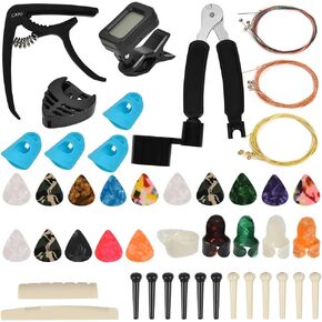 TIMESETL Guitar Accessories Kit Guitar Tool Changing Kit Include Acoustic Guitar Strings, Tuner, Capo, String Winder, Picks, Pick Holder, Bridge Pins, Nuts & Saddles, Finger Protector, Finger Picks