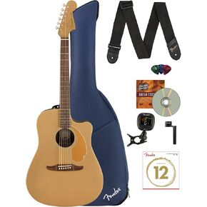 حزمة جيتار كهربائي صوتي من Fender Redondo Player مع حقيبة أزعج زرقاء منتصف الليل، وحزام، وموالف مشبك، وأوتار، ولفاف سلسلة، ولقطات، وأقراص DVD التعليمية لأوستن بازار - طبيعية in Saudi Arabia