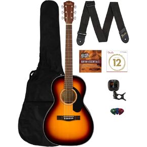حزمة جيتار صوتي من Fender CP-60S ذات قمة صلبة بحجم صالون مع حقيبة الحفلة والموالف والحزام والأوتار واللقطات ودروس Fender Play عبر الإنترنت وأقراص DVD التعليمية لأوستن بازار - Sunburst in Saudi Arabia