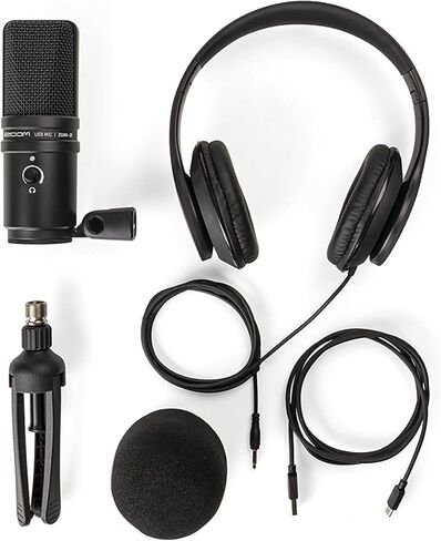 Zoom ZUM-2 Podcast Mic Pack، ميكروفون Podcast USB، سماعات الرأس، حامل ثلاثي القوائم، الزجاج الأمامي، كابل USB، لتسجيل وبث الملفات الصوتية والموسيقى والتعليقات الصوتية والمزيد in Kuwait