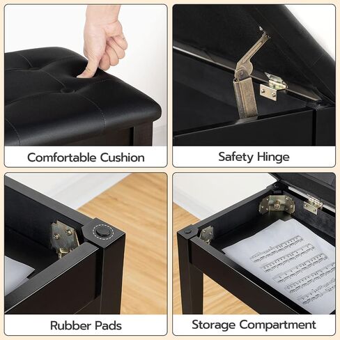 HOOBRO Piano Bench with Padded Cushion and Storage Compartment for Music Sheet, Music Bench, Piano Stool, Vanity Chair, Holds up to 300 lb, 21.9 x 13.6 x 19.3 Inches, Black BB16QD01 in Kuwait