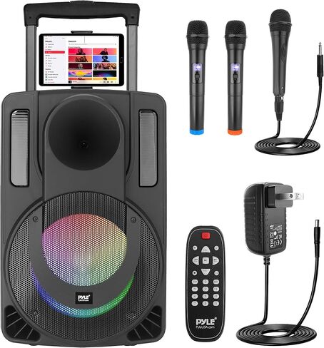 نظام مكبر صوت PA محمول مقاس 10 بوصات من Pyle - مكبر صوت لاسلكي BT Streaming PA & Karaoke Party، ميكروفونين لاسلكيين، ميكروفون سلكي، حامل للكمبيوتر اللوحي، أضواء حفلات وامضة، راديو MP3/USB//FM - PHPWA10TB in Kuwait