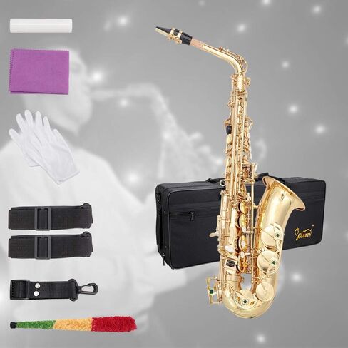 Glarry Student Alto Eb E-flat SAX Saxophone Gold Lacquer SAX Beginners Kit with Case, Reeds，Mouth Piece, Soft Cleaning Cloth and Rod，Gloves (Black) in Kuwait