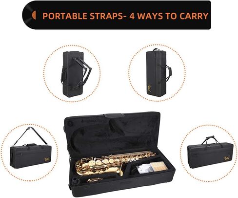 Glarry Student Alto Eb E-flat SAX Saxophone Gold Lacquer SAX Beginners Kit with Case, Reeds，Mouth Piece, Soft Cleaning Cloth and Rod，Gloves (Black) in Kuwait