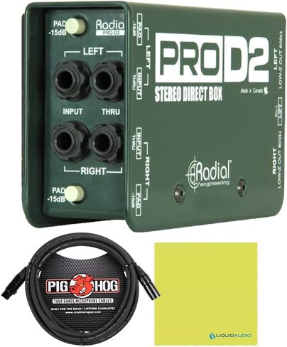 حزمة صندوق DI من Radial DI Box PROD2 مع سلك ميكروفون Pig Hog XLR بطول 10 أقدام وقطعة قماش تلميع - مزيل هوم صناديق DI للأدوات، صندوق سلبي مصنوع للوحات المفاتيح، الجيتار، الجهير DI in Kuwait