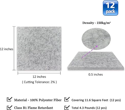 لوحات امتصاص الصوت السميكة من BXI - 12 حزمة من الألواح الصوتية الكثيفة مقاس 12 × 12 × 0.5 بوصة، ولوحات صوت لتقليل الضوضاء الصدى، ولوحات استوديو قابلة للمعالجة الصوتية للجدار والسقف in Kuwait