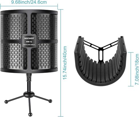 نيوير درع عزل ميكروفون مدمج يوضع على سطح الطاولة مع حامل ثلاثي القوائم، فوم ممتص للصوت للميكروفون لتسجيل الصوت في الاستوديو، والمدونات الصوتية، والغناء، والبث (الميكروفون وحامل الصدمات غير متضمن) in Kuwait
