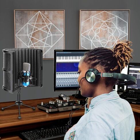 نيوير درع عزل ميكروفون مدمج يوضع على سطح الطاولة مع حامل ثلاثي القوائم، فوم ممتص للصوت للميكروفون لتسجيل الصوت في الاستوديو، والمدونات الصوتية، والغناء، والبث (الميكروفون وحامل الصدمات غير متضمن) in Kuwait