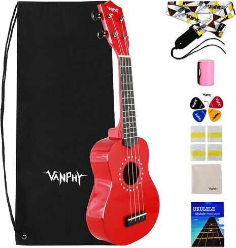 VANPHY Soprano ukulele for beginner kids with Gig Bag,21 Inch uke for Starter, Hawaiian Soprano Ukalalee Polishing adults, Basswood 21 Inch uke bundle with Strap Picks Songbook Cleaning Cloth (Red) in Kuwait