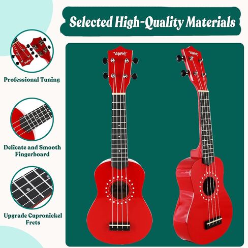 VANPHY Soprano ukulele for beginner kids with Gig Bag,21 Inch uke for Starter, Hawaiian Soprano Ukalalee Polishing adults, Basswood 21 Inch uke bundle with Strap Picks Songbook Cleaning Cloth (Red) in Kuwait