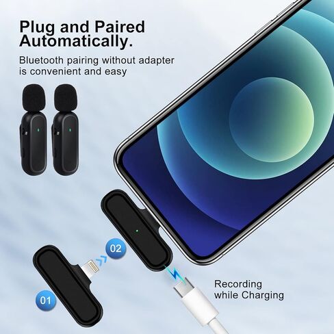ميكروفون لافالير لاسلكي لجهاز iPhone iPad، 2 ميكروفون لجهاز iPhone مع علبة شحن، ميكروفون ذكي لإلغاء الضوضاء لاسلكي لتسجيل الفيديو، مدونة الفيديو، المقابلة، Tiktok، YouTube in Kuwait