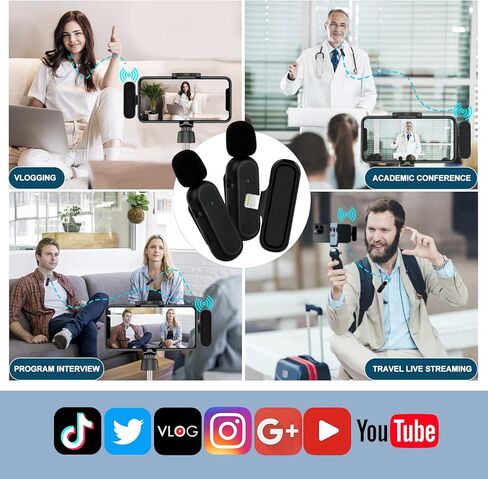 ميكروفون لافالير لاسلكي لجهاز iPhone iPad، 2 ميكروفون لجهاز iPhone مع علبة شحن، ميكروفون ذكي لإلغاء الضوضاء لاسلكي لتسجيل الفيديو، مدونة الفيديو، المقابلة، Tiktok، YouTube in Kuwait