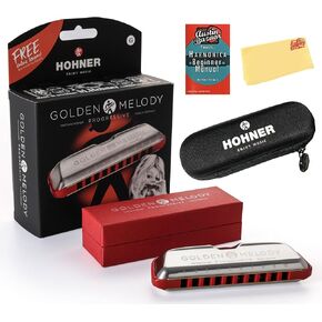 Hohner Golden Melody Harmonica - Key of C Bundle with Zip Case, Instructional Manual, and Austin Bazaar Polishing Cloth in Kuwait