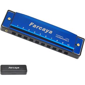 Farcaya Harmonica for Beginners Adults Blues Harp Diatonic C Key 10 Holes 20 Tones Metal Mouth Organ with Hard Case and Cleaning Cloth (Blue)