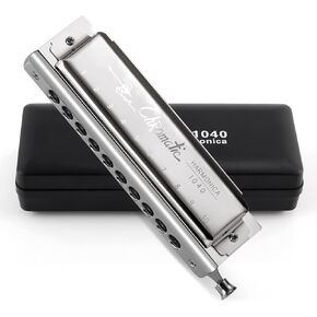 SWAN Chromatic Harmonica 10 Holes Deluxe Harmonica C Key with Slider and Valve - 10 Hole 40 Tone for Adults Beginners Students - Professional Harmonica Key of C, Polished Silver (SW1040-1)