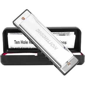 BIGBILLION Blues Harmonica10 Hole C مفتاح الفم مع حافظة، هارمونيكا دياتونيك للاعب المحترف، المبتدئين، هدايا الطلاب، البالغين، الأصدقاء، هدية فضية