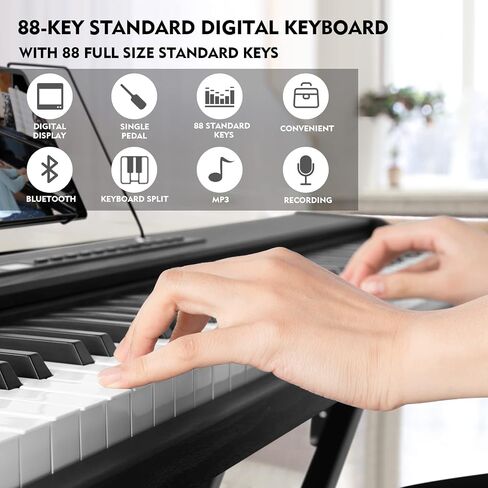 MUSTAR Digital Piano 88 Key Weighted with Stand, 88 Key Semi Weighted Keyboard Piano MEP-1100, Electric Piano Keyboard 88 Keys for Beginners, 2x25W Stereo Speakers, Case, Sustain Pedal, ABS, Black in Kuwait