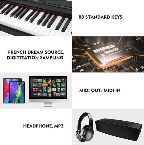 MUSTAR Digital Piano 88 Key Weighted with Stand, 88 Key Semi Weighted Keyboard Piano MEP-1100, Electric Piano Keyboard 88 Keys for Beginners, 2x25W Stereo Speakers, Case, Sustain Pedal, ABS, Black in Kuwait