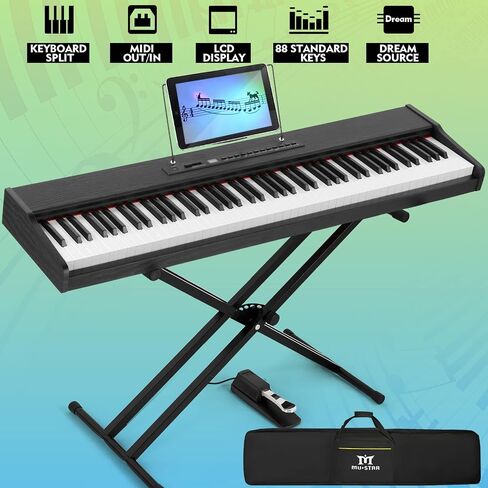 MUSTAR Digital Piano 88 Key Weighted with Stand, 88 Key Semi Weighted Keyboard Piano MEP-1100, Electric Piano Keyboard 88 Keys for Beginners, 2x25W Stereo Speakers, Case, Sustain Pedal, ABS, Black in Kuwait
