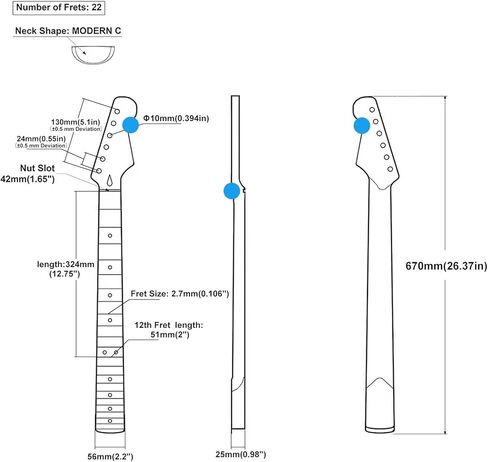 رقبة جيتار كهربائي من خشب القيقب الكندي 22 فريت، لون مصفر غير لامع، شريط خلفي مرصع بشريط الظربان، نصف قطر لوحة الأصابع 14 بوصة، صامولة عظمية in Kuwait
