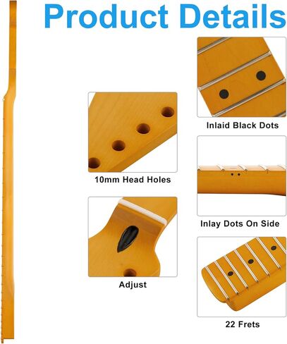 رقبة جيتار كهربائي من خشب القيقب الكندي 22 فريت، لون مصفر غير لامع، شريط خلفي مرصع بشريط الظربان، نصف قطر لوحة الأصابع 14 بوصة، صامولة عظمية in Kuwait