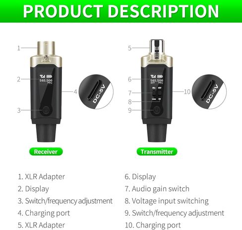 جهاز إرسال واستقبال XLR لاسلكي من Kadjuh UHF وجهاز استقبال إرسال جيتار لاسلكي، محول ميكروفون قابل لإعادة الشحن 16 قناة نطاق 196 قدم للميكروفون الديناميكي، خلاط الصوت، باس الجيتار الكهربائي in Kuwait