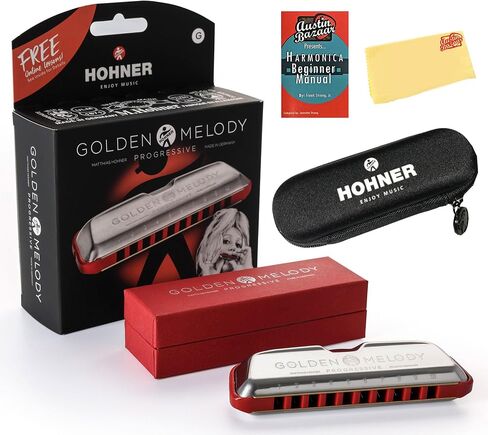 Hohner Golden Melody Harmonica - Key of C Bundle with Zip Case, Instructional Manual, and Austin Bazaar Polishing Cloth in Kuwait