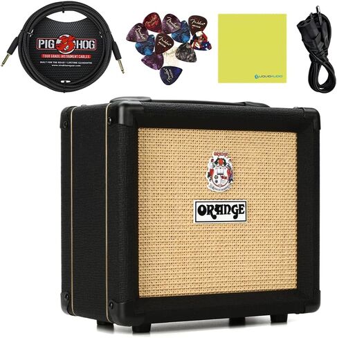 Orange Amps Crush 12-12W 1x6 Guitar Combo Amp Black Bundle مع كابل أداة منسوج أسود خنزير خنزير، محول التيار المتردد لإمداد الطاقة، 12x ملتقطات حاجز وقماش تلميع الصوت السائل in Kuwait