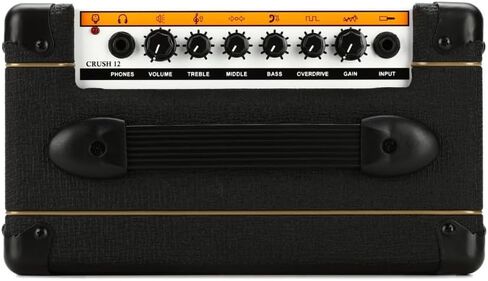 Orange Amps Crush 12-12W 1x6 Guitar Combo Amp Black Bundle مع كابل أداة منسوج أسود خنزير خنزير، محول التيار المتردد لإمداد الطاقة، 12x ملتقطات حاجز وقماش تلميع الصوت السائل in Kuwait