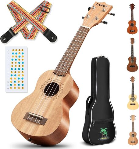 مجموعة CAHAYA Concert Ukulele للمبتدئين مقاس 23 بوصة مع حقيبة أزعج، وحزام قوس قزح، وملصقات لوحة الفريتس، ​​لكل من البالغين والأطفال، سبيلي، موديل CY0070 in Kuwait