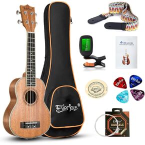 Everjoys Soprano Ukulele Mahogany 21 inch - Professional Wooden Ukelele Instrument Kit With Gig Bag Strap Picks Strings Free Online Lessons All in One Kit in Kuwait