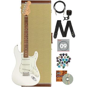Fender Player Stratocaster® HSS - حزمة بولار وايت مع حافظة تويد ممتازة، وكابل، وموالف، وحزام، وأوتار، ولقطات، وأقراص DVD لأساسيات جيتار أوستن بازار in Saudi Arabia