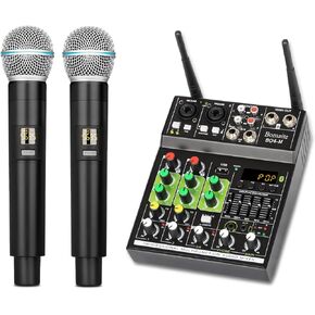 Bomaite BO4-M مجموعة نظام مزج ميكروفون الكاريوكي المحمول، خلاط 4 قنوات مع ميكروفون لاسلكي مزدوج، واجهة USB بلوتوث MP3 في الغناء للتلفزيون الذكي، الكمبيوتر الشخصي، KTV، المسرح المنزلي، مكبر الصوت، مكبر الصوت in Kuwait