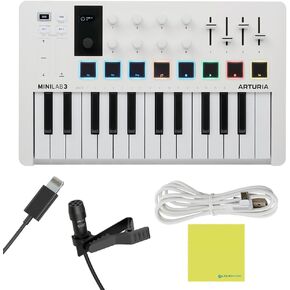 Arturia MiniLab 3 Mini Hybrid Keyboard Controller, USB Lavalier Microphone, USB Cable & Liquid Audio Polishing Cloth - 25 Keys MIDI Keyboard for Music Studio Equipment Software Included (w/USB-C Lav)