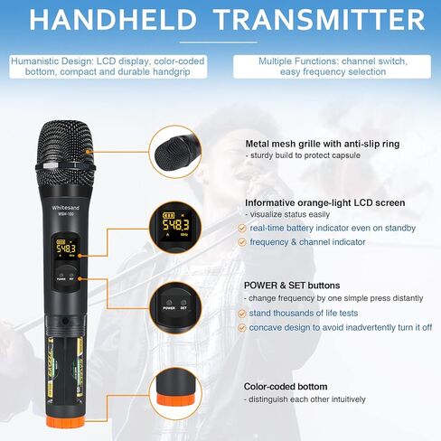 ميكروفونات لاسلكية ذات تردد فوق العالي من Whitesand، مجموعة ميكروفون لاسلكي مزدوج مع ميكروفونين ديناميكيين محمولين، ترددات 2 × 30، جهاز استقبال صغير، ميكروفون للغناء، الكاريوكي المنزلي، DJ، الكنيسة، الزفاف (WSM-200) in Kuwait
