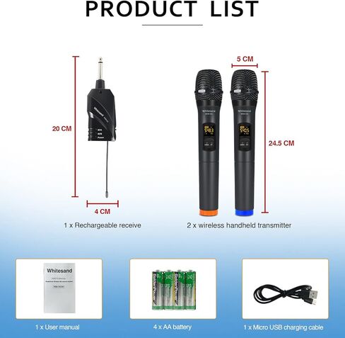 ميكروفونات لاسلكية ذات تردد فوق العالي من Whitesand، مجموعة ميكروفون لاسلكي مزدوج مع ميكروفونين ديناميكيين محمولين، ترددات 2 × 30، جهاز استقبال صغير، ميكروفون للغناء، الكاريوكي المنزلي، DJ، الكنيسة، الزفاف (WSM-200) in Kuwait