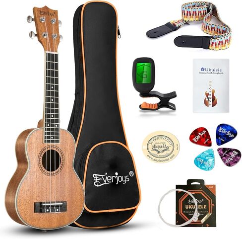 Everjoys Soprano Ukulele Mahogany 21 inch - Professional Wooden Ukelele Instrument Kit With Gig Bag Strap Picks Strings Free Online Lessons All in One Kit in Kuwait