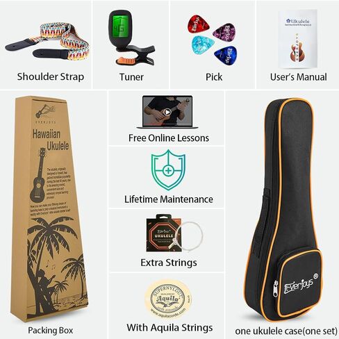 Everjoys Soprano Ukulele Mahogany 21 inch - Professional Wooden Ukelele Instrument Kit With Gig Bag Strap Picks Strings Free Online Lessons All in One Kit in Kuwait