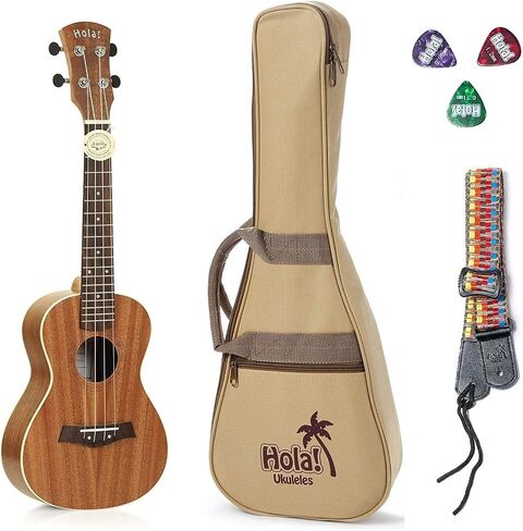 Concert Ukulele Bundle - LEFT HANDED, Deluxe Series by Hola! Music (Model HM-124LFT+), Bundle Includes: 24 Inch Mahogany Ukulele with Aquila Nylgut Strings Installed, Padded Gig Bag, Strap and Picks in Kuwait