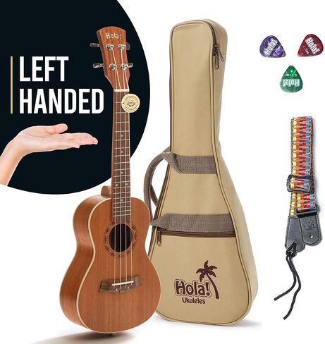 Concert Ukulele Bundle - LEFT HANDED, Deluxe Series by Hola! Music (Model HM-124LFT+), Bundle Includes: 24 Inch Mahogany Ukulele with Aquila Nylgut Strings Installed, Padded Gig Bag, Strap and Picks in Kuwait