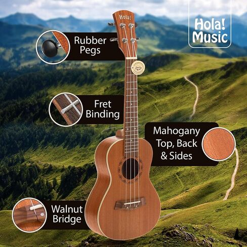 Concert Ukulele Bundle - LEFT HANDED, Deluxe Series by Hola! Music (Model HM-124LFT+), Bundle Includes: 24 Inch Mahogany Ukulele with Aquila Nylgut Strings Installed, Padded Gig Bag, Strap and Picks in Kuwait