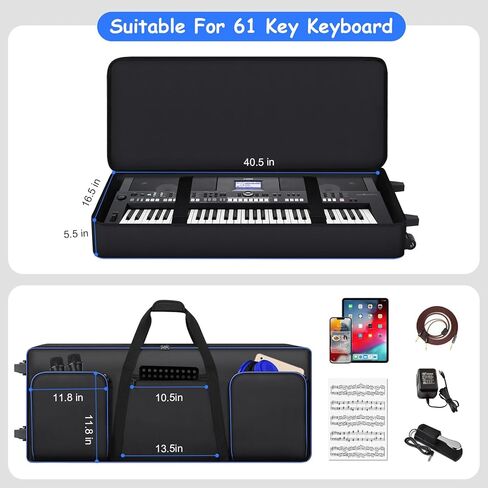 61 key Keyboard Case with Wheels (Interior Size: 40.5" * 16.5" * 5.5") | 61 Key Keybpard Piano Bag Thick Padded Case | 61 Key Keyboard Rolling Bag Keyboard Case Roller Bag with 3 Poskets (Gray) in Kuwait