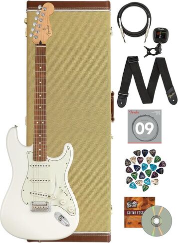 Fender Player Stratocaster® HSS - حزمة بولار وايت مع حافظة تويد ممتازة، وكابل، وموالف، وحزام، وأوتار، ولقطات، وأقراص DVD لأساسيات جيتار أوستن بازار in Saudi Arabia