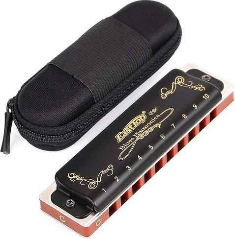 Easttop Harmonica Key of C 10 فتحات 20 نغمة هارمونيكا C Blues مع حافظة عالية الجودة عالية التحمل للاعبين المحترفين والمبتدئين والطلاب والأطفال وهدية الأطفال (الجزء العلوي الشرقي) - أسود in Kuwait