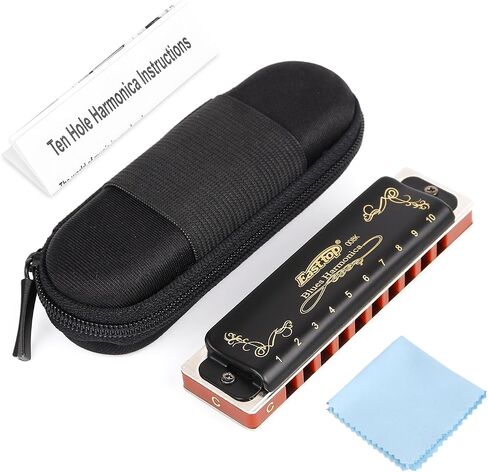 Easttop Harmonica Key of C 10 فتحات 20 نغمة هارمونيكا C Blues مع حافظة عالية الجودة عالية التحمل للاعبين المحترفين والمبتدئين والطلاب والأطفال وهدية الأطفال (الجزء العلوي الشرقي) - أسود in Kuwait