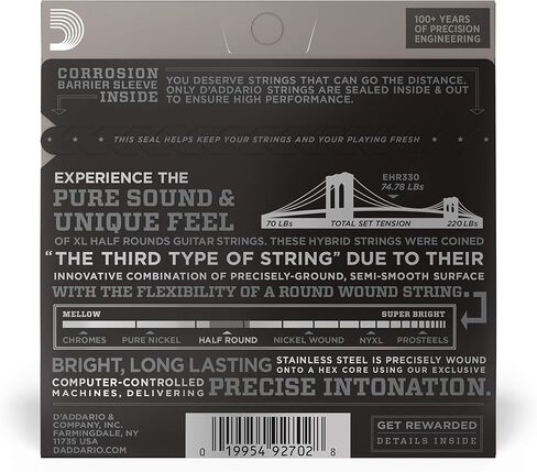 D'Addario Guitar Strings - XL Half Rounds Electric Guitar Strings - Semi-Flat Wound - Bright Tone, Smooth Feel, Reduced Finger Noise - EHR310 - Regular Light, 10-46 in Saudi Arabia