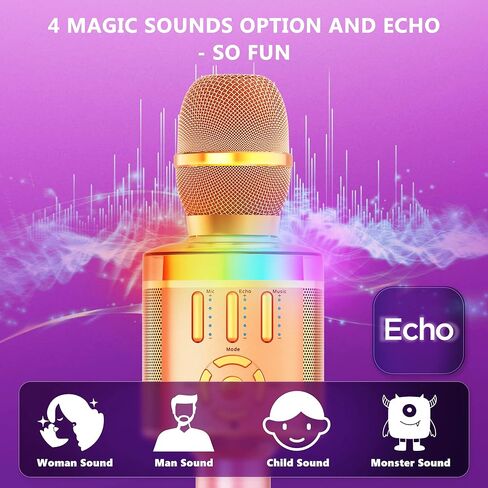 بيترون ميكروفون كاريوكي بلوتوث للبالغين والاطفال مع 4 اصوات سحرية وصدى، ميكروفون لاسلكي ديناميكي محمول لاسلكي قابل لاعادة الشحن مع مكبر صوت، ضوء RGB، وقت عمل 8 ساعات، AUX، TF in Kuwait
