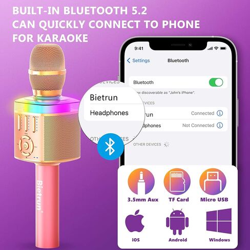 بيترون ميكروفون كاريوكي بلوتوث للبالغين والاطفال مع 4 اصوات سحرية وصدى، ميكروفون لاسلكي ديناميكي محمول لاسلكي قابل لاعادة الشحن مع مكبر صوت، ضوء RGB، وقت عمل 8 ساعات، AUX، TF in Kuwait