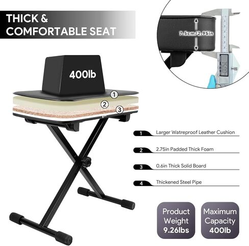 مقعد بيانو من تشاتشازو، مقعد بيانو قابل للتعديل، كرسي بيانو قابل للطي، كرسي بيانو إسفنجي مبطن عالي الكثافة بسمك 2.9 انش مع حامل موسيقي in Kuwait